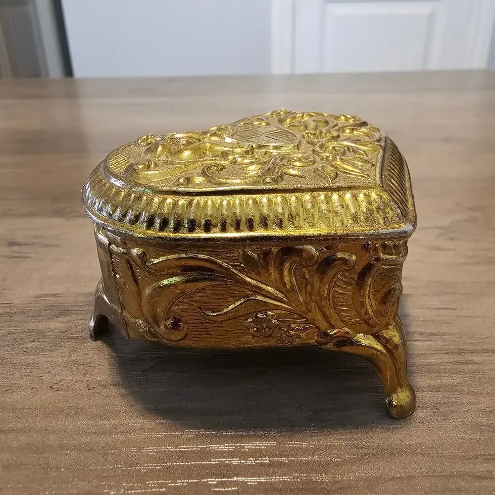 Vintage Gold Metal Heart Trinket Jewelry Box Cherub Velvet Japan Renaissance